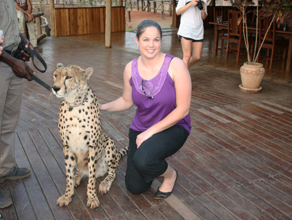 Shelley Hess - saying hello to Sylvester the cheetah at Vic Falls